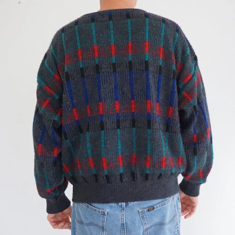 Vintage '80S Jantzen Gray 3D Biggie Eclectic Cosby Coogi Chunky Knit Sweater XL - Picture 2 of 9